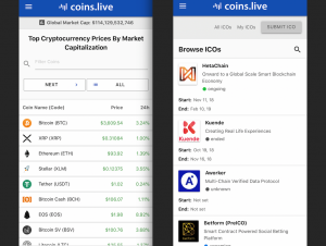 Coins.live App Krypto Marktkapitalisierung und ICO Kalender