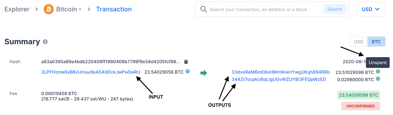 Exemple d'una transacció de Bitcoin que mostra les seves entrades i sortides